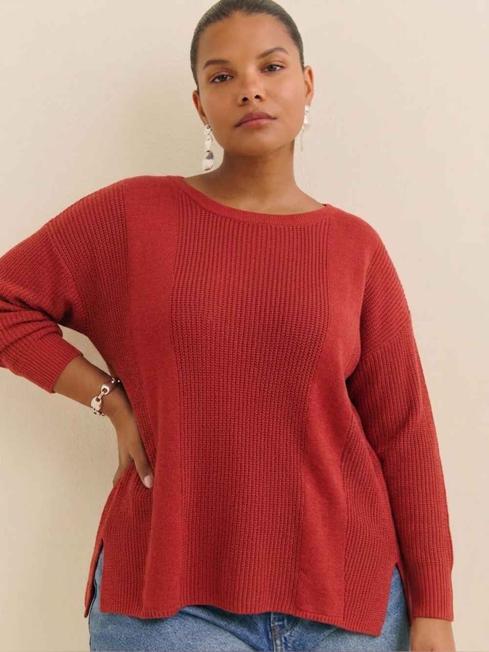 Soft Surroundings Rust Ribbed Boat Neck Sweater Plus Size 1X Classic Preppy